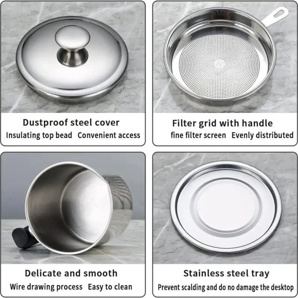 Modern Stainless Steel Oil Dispenser with Tray and Lid, Includes Filter - Versatile Cooking Oil Container and Bacon Grease Keeper for Kitchen Use