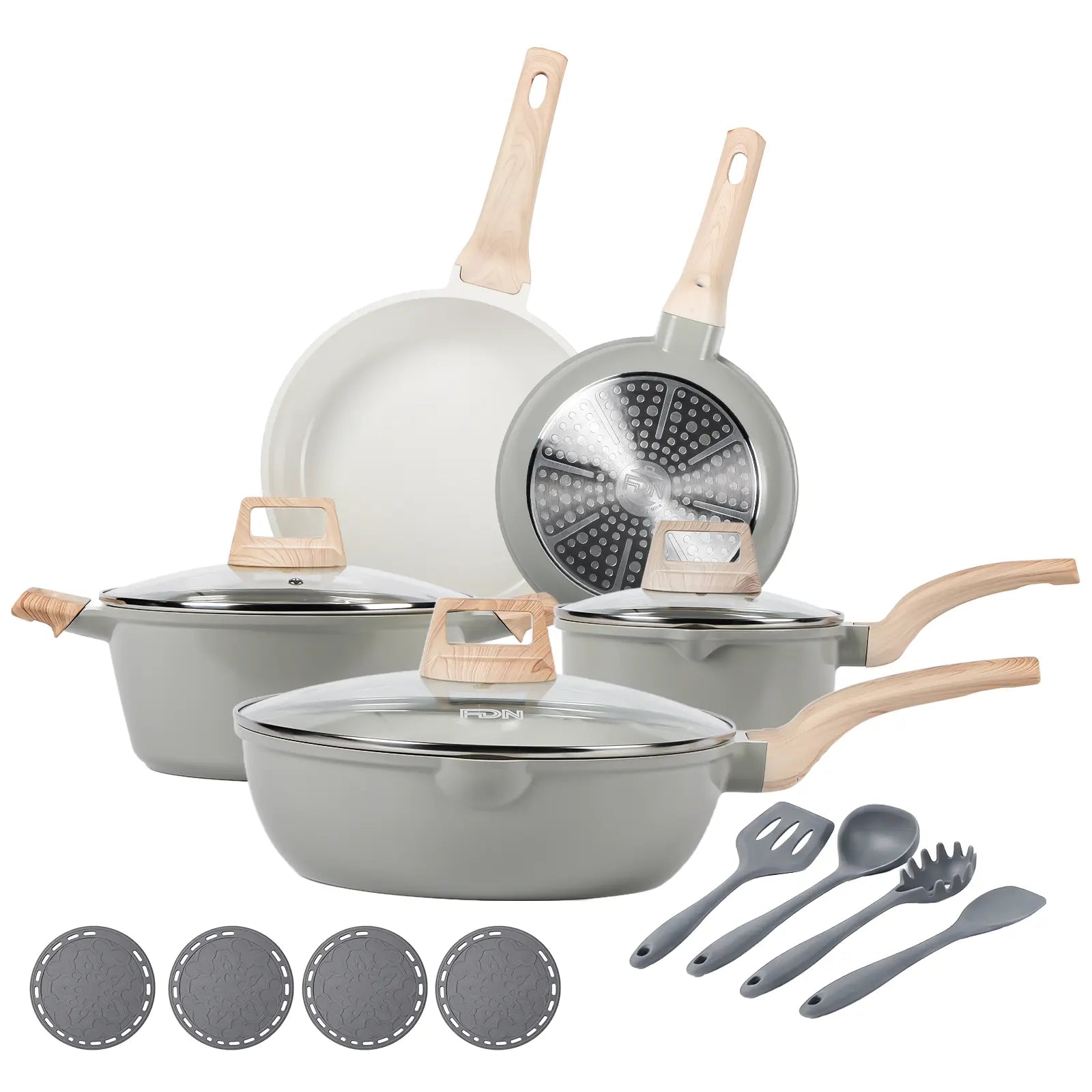 FDN 16-Piece Aesthetic Cookware Collection - Non-Toxic PFAS-Free Titanium Ceramic Granite Pots and Pans Set, Easy-Clean, Oven & Dishwasher Safe, Induction Ready with 10" Fry Pan, Glass Lids, and Kitchen Utensils