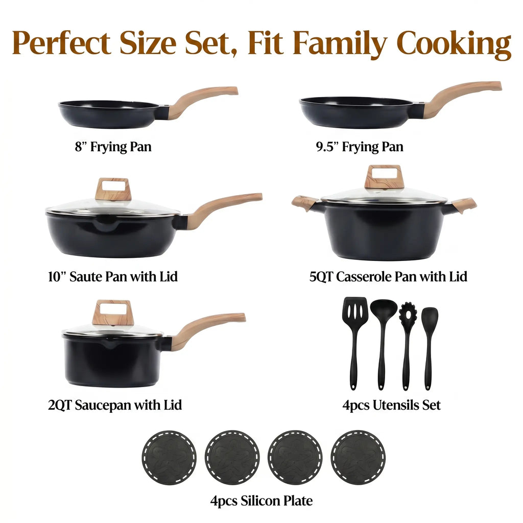 FDN 16-Piece Aesthetic Cookware Collection - Non-Toxic PFAS-Free Titanium Ceramic Granite Pots and Pans Set, Easy-Clean, Oven & Dishwasher Safe, Induction Ready with 10" Fry Pan, Glass Lids, and Kitchen Utensils