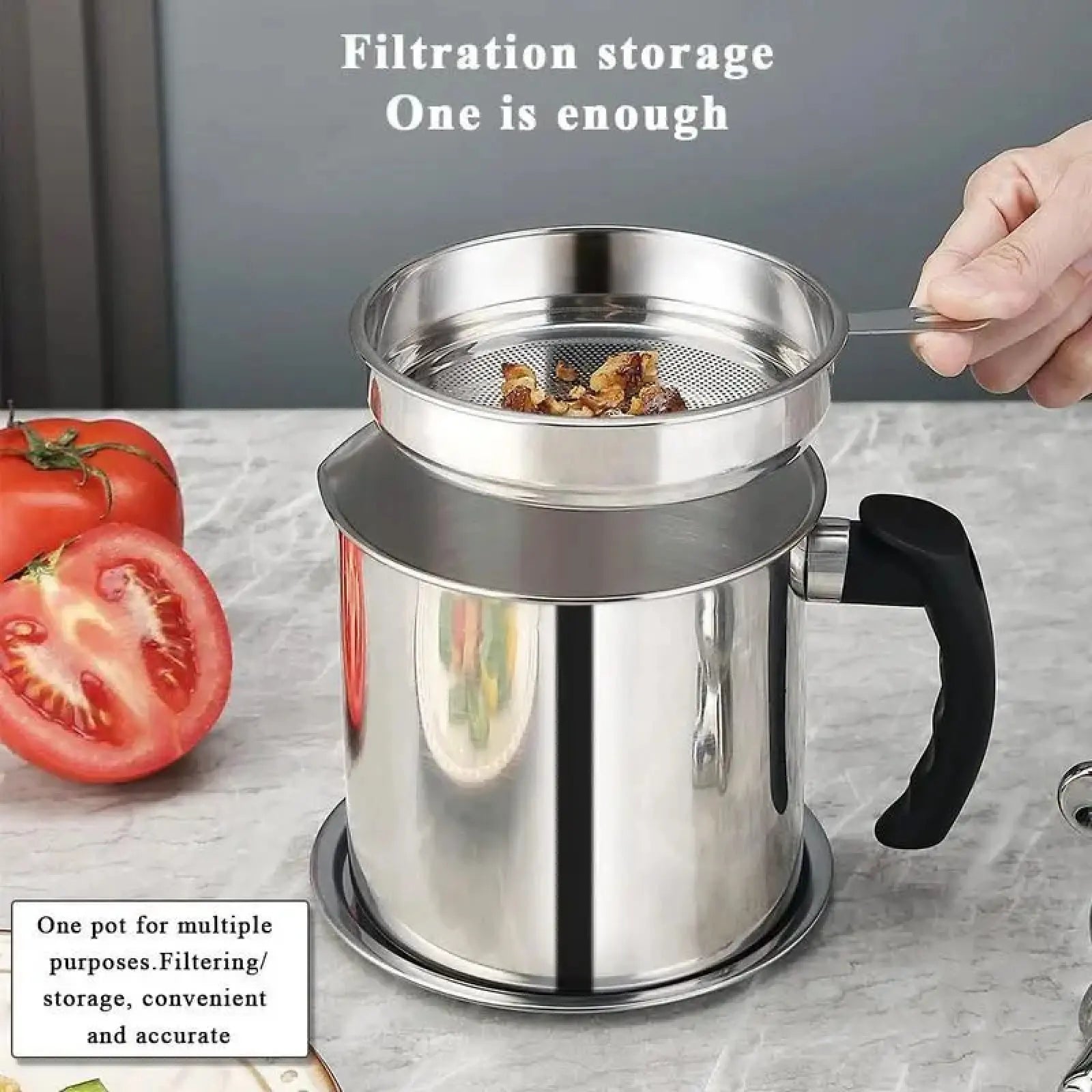 Modern Stainless Steel Oil Dispenser with Tray and Lid, Includes Filter - Versatile Cooking Oil Container and Bacon Grease Keeper for Kitchen Use