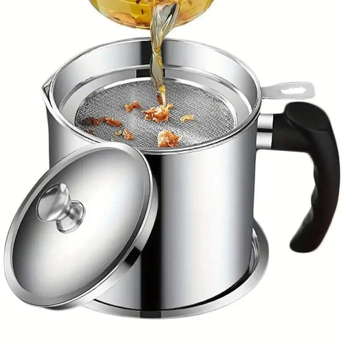 Modern Stainless Steel Oil Dispenser with Tray and Lid, Includes Filter - Versatile Cooking Oil Container and Bacon Grease Keeper for Kitchen Use