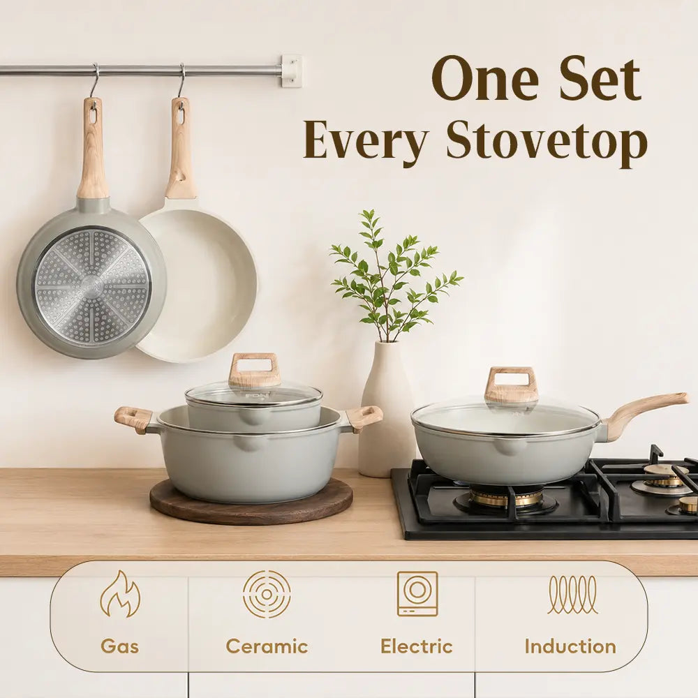 FDN 16-Piece Aesthetic Cookware Collection - Non-Toxic PFAS-Free Titanium Ceramic Granite Pots and Pans Set, Easy-Clean, Oven & Dishwasher Safe, Induction Ready with 10" Fry Pan, Glass Lids, and Kitchen Utensils