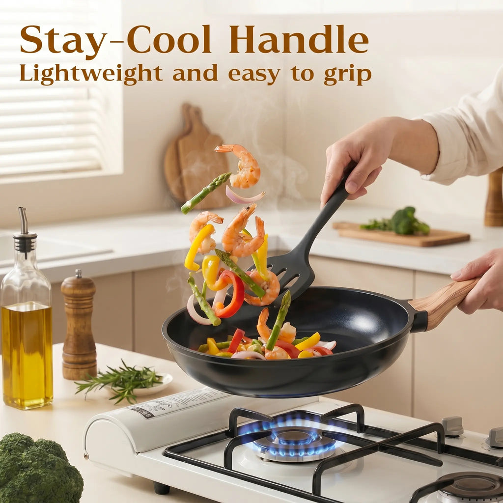 FDN 16-Piece Aesthetic Cookware Collection - Non-Toxic PFAS-Free Titanium Ceramic Granite Pots and Pans Set, Easy-Clean, Oven & Dishwasher Safe, Induction Ready with 10" Fry Pan, Glass Lids, and Kitchen Utensils