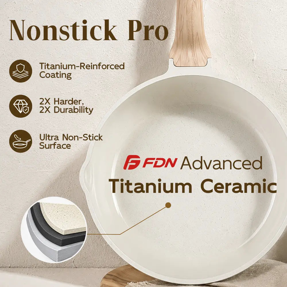 FDN 16-Piece Aesthetic Cookware Collection - Non-Toxic PFAS-Free Titanium Ceramic Granite Pots and Pans Set, Easy-Clean, Oven & Dishwasher Safe, Induction Ready with 10" Fry Pan, Glass Lids, and Kitchen Utensils