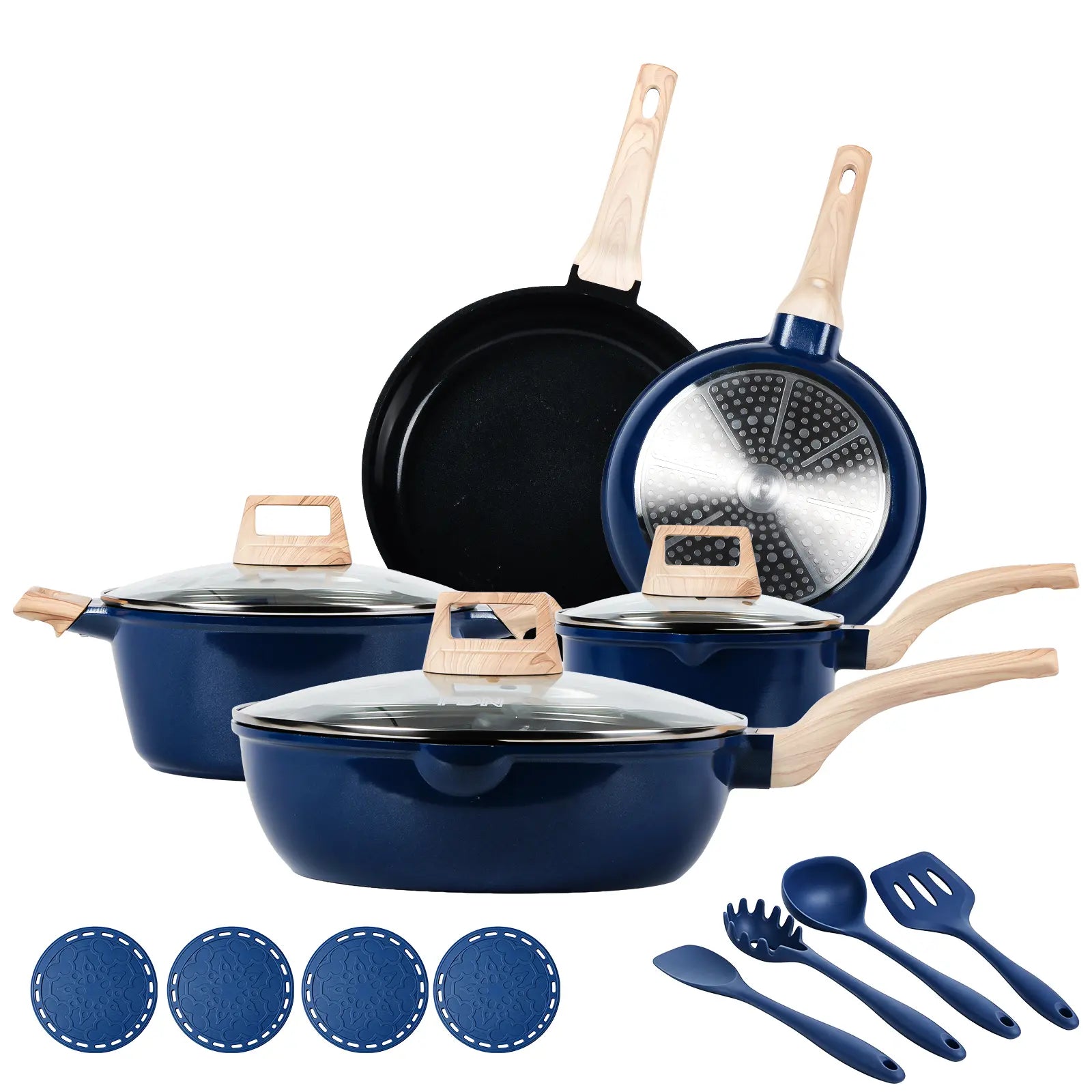 FDN 16-Piece Aesthetic Cookware Collection - Non-Toxic PFAS-Free Titanium Ceramic Granite Pots and Pans Set, Easy-Clean, Oven & Dishwasher Safe, Induction Ready with 10" Fry Pan, Glass Lids, and Kitchen Utensils