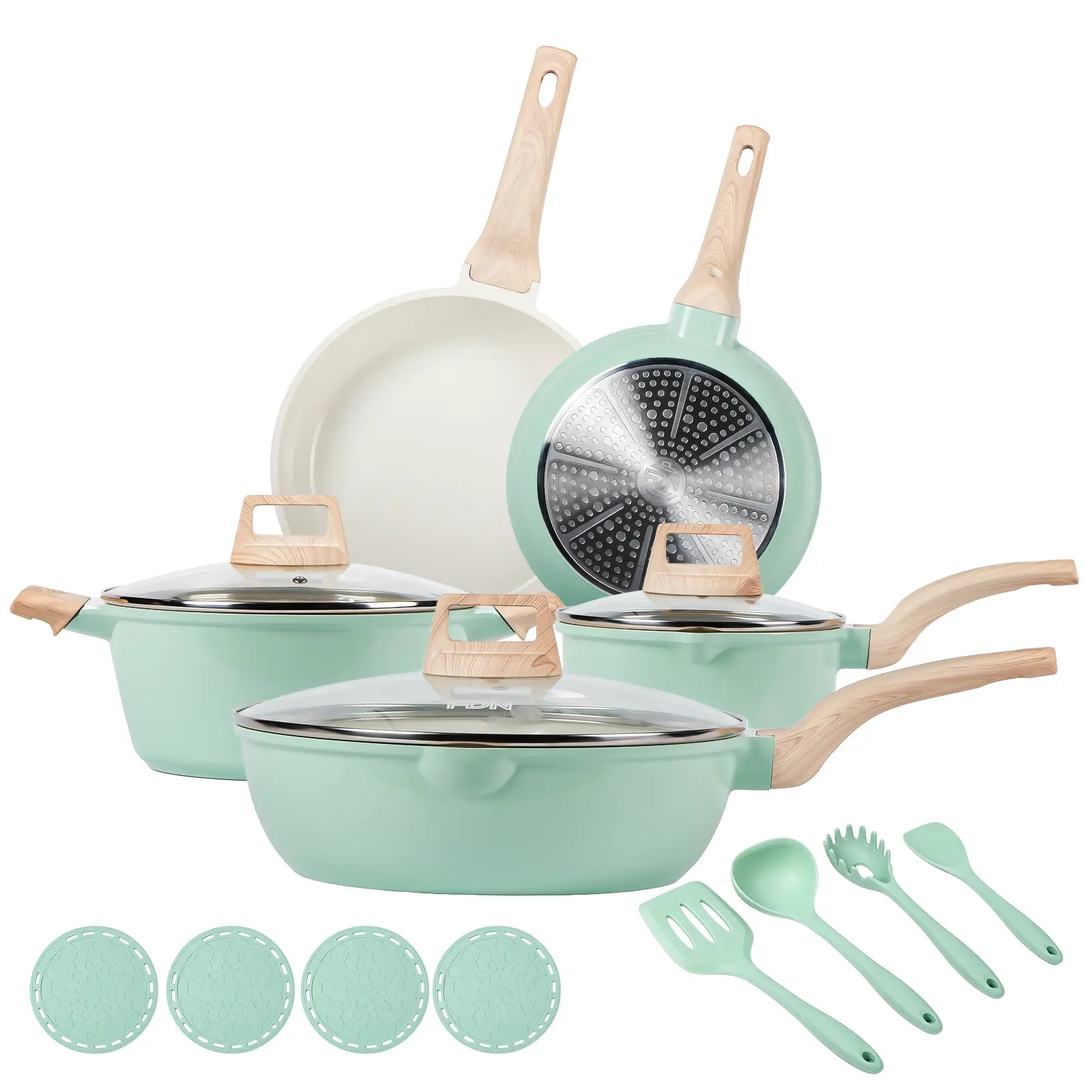 FDN 16-Piece Aesthetic Cookware Collection - Non-Toxic PFAS-Free Titanium Ceramic Granite Pots and Pans Set, Easy-Clean, Oven & Dishwasher Safe, Induction Ready with 10" Fry Pan, Glass Lids, and Kitchen Utensils