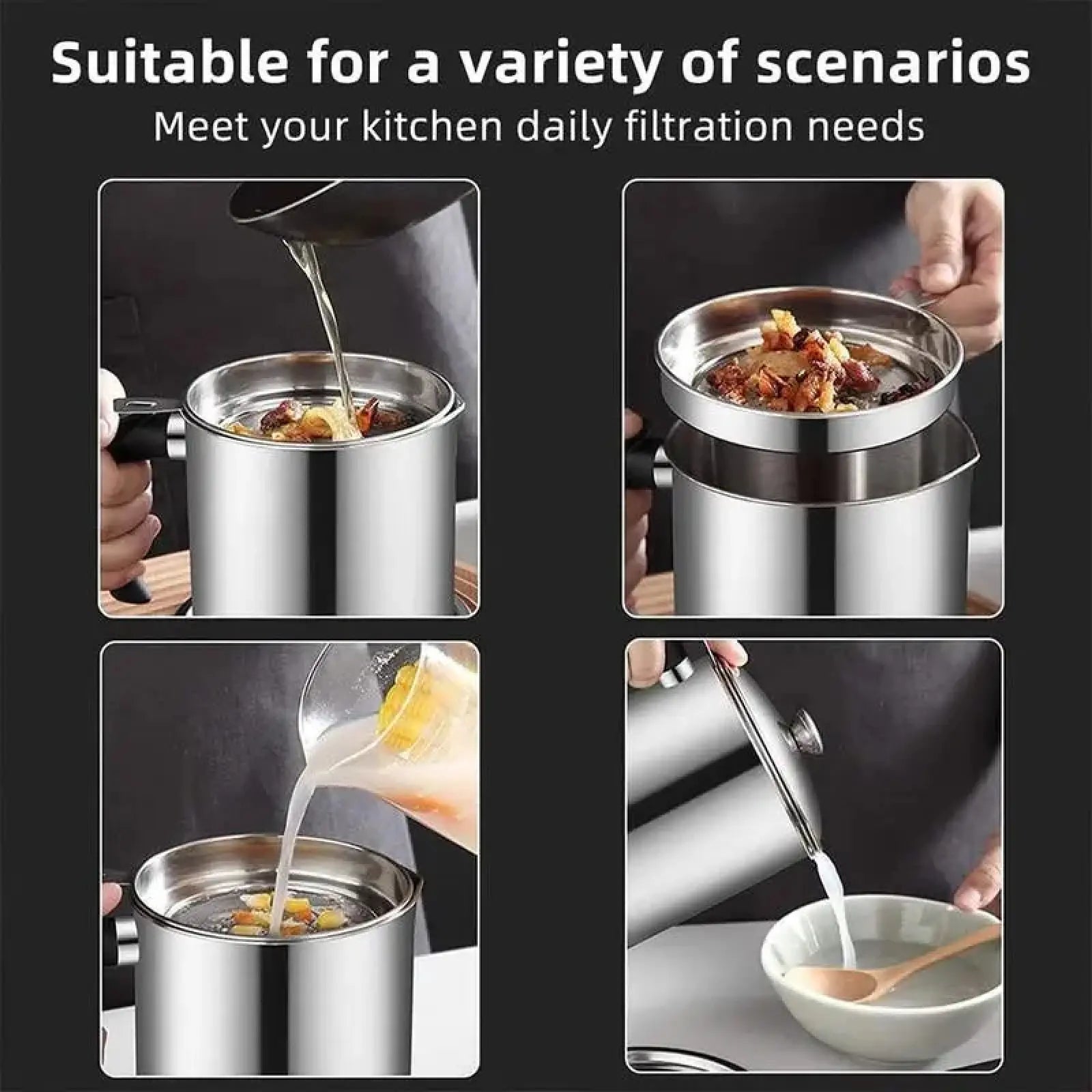 Modern Stainless Steel Oil Dispenser with Tray and Lid, Includes Filter - Versatile Cooking Oil Container and Bacon Grease Keeper for Kitchen Use