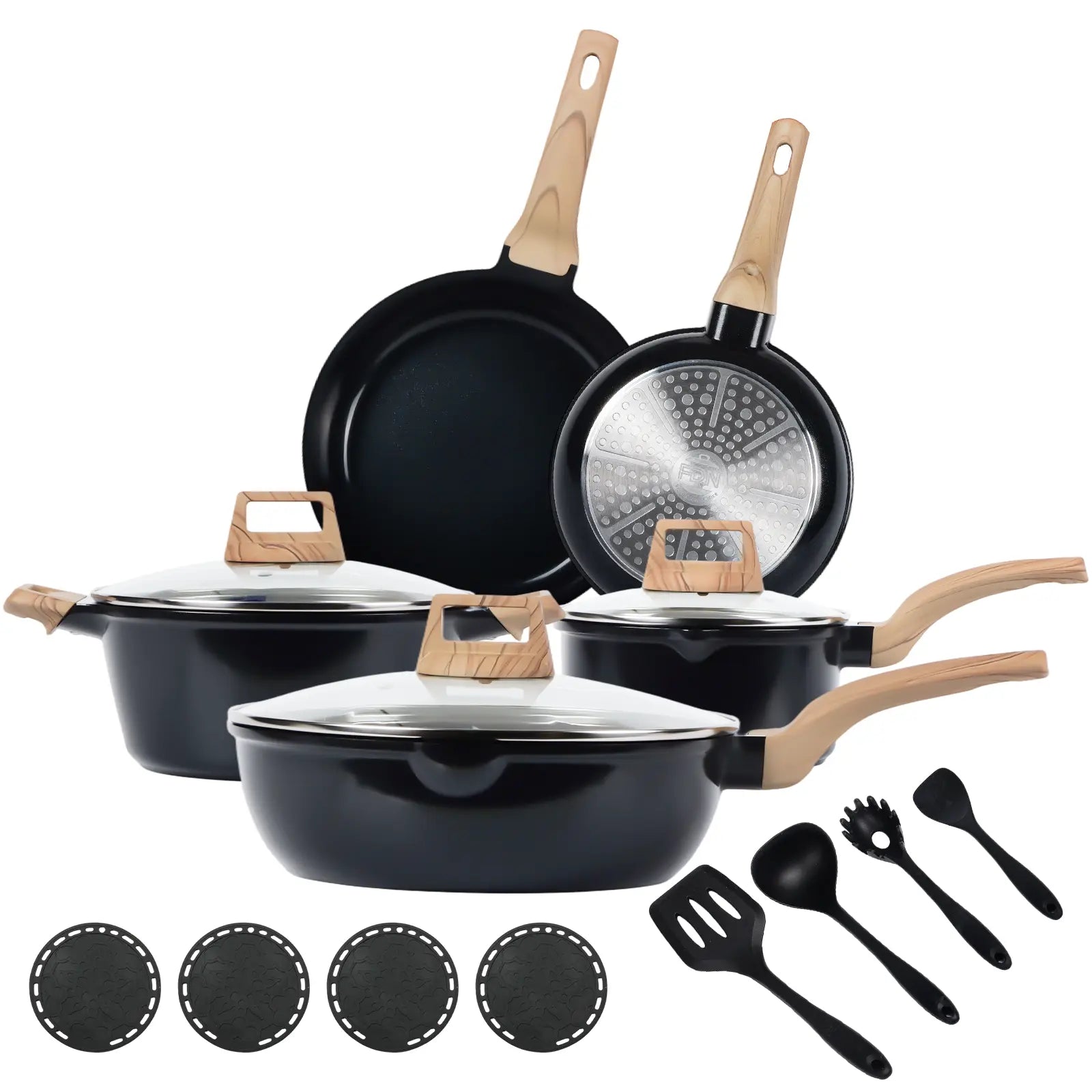 FDN 16-Piece Aesthetic Cookware Collection - Non-Toxic PFAS-Free Titanium Ceramic Granite Pots and Pans Set, Easy-Clean, Oven & Dishwasher Safe, Induction Ready with 10" Fry Pan, Glass Lids, and Kitchen Utensils