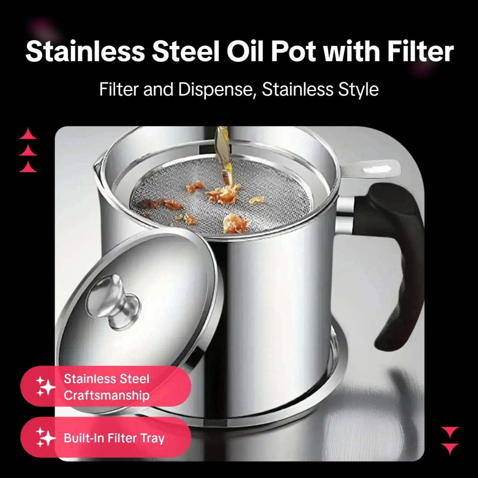 Modern Stainless Steel Oil Dispenser with Tray and Lid, Includes Filter - Versatile Cooking Oil Container and Bacon Grease Keeper for Kitchen Use