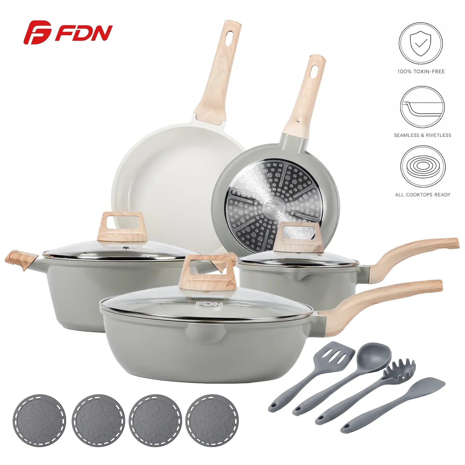 FDN 16-Piece Aesthetic Cookware Collection - Non-Toxic PFAS-Free Titanium Ceramic Granite Pots and Pans Set, Easy-Clean, Oven & Dishwasher Safe, Induction Ready with 10" Fry Pan, Glass Lids, and Kitchen Utensils