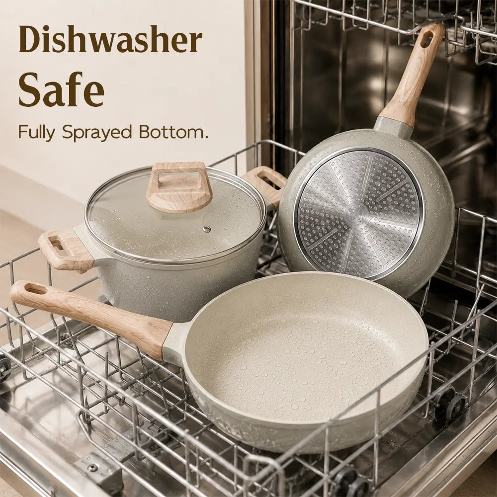FDN 16-Piece Aesthetic Cookware Collection - Non-Toxic PFAS-Free Titanium Ceramic Granite Pots and Pans Set, Easy-Clean, Oven & Dishwasher Safe, Induction Ready with 10" Fry Pan, Glass Lids, and Kitchen Utensils