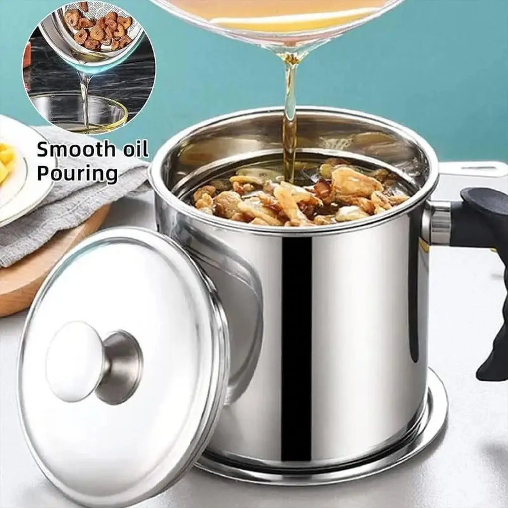 Modern Stainless Steel Oil Dispenser with Tray and Lid, Includes Filter - Versatile Cooking Oil Container and Bacon Grease Keeper for Kitchen Use